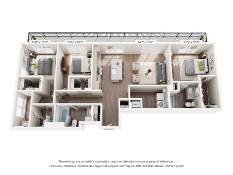 Floor plan for 3 beds, 3 baths, 1470 sqft